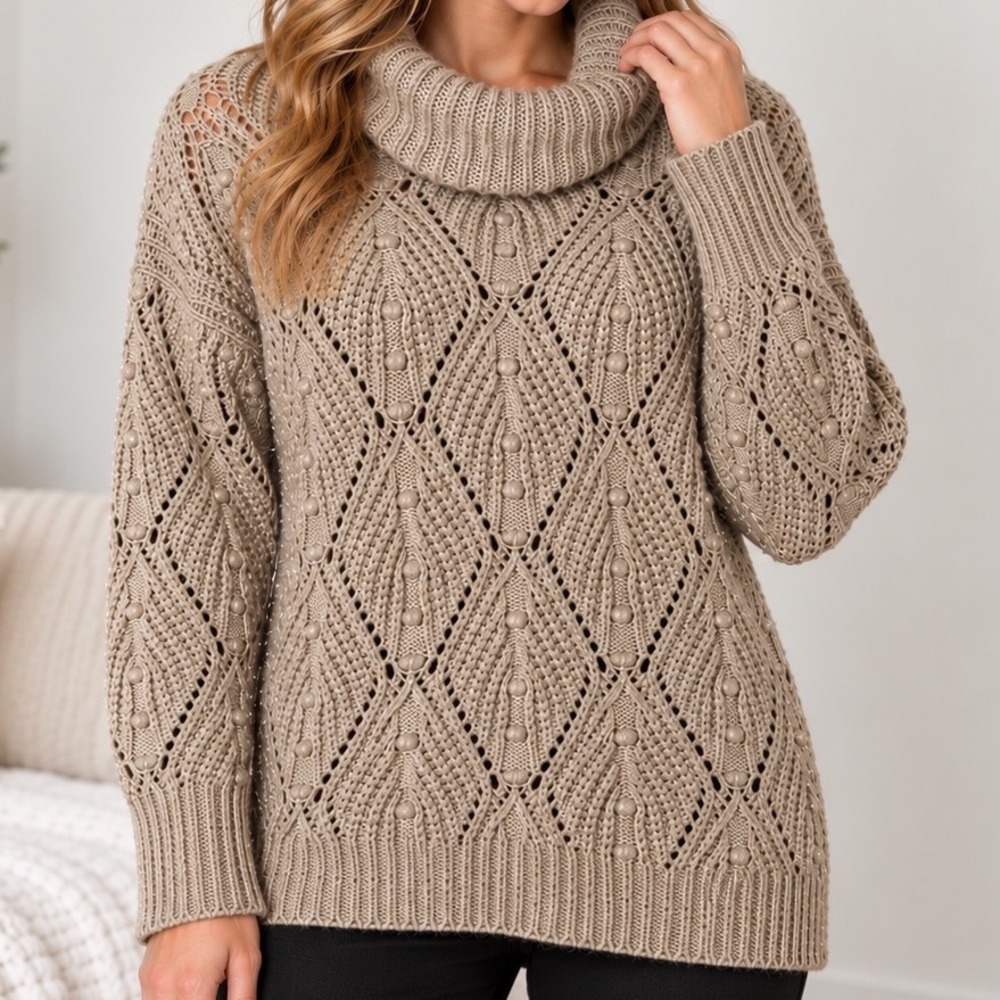 A New Day Open Knit Cowl Neck Sweater M Beige Metallic Cable Knit Quiet Luxury